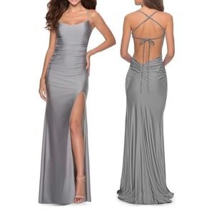 La Femme Womens Bodycon Dress Silver Slit Maxi Spaghetti Strap Tie Back Prom 4